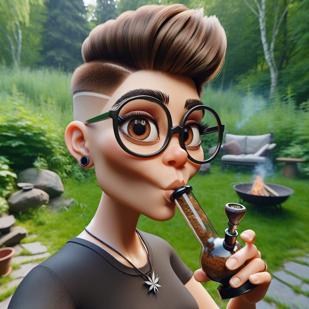 Woman with Pompadour Hairstyle Smoking Bong Outdoors