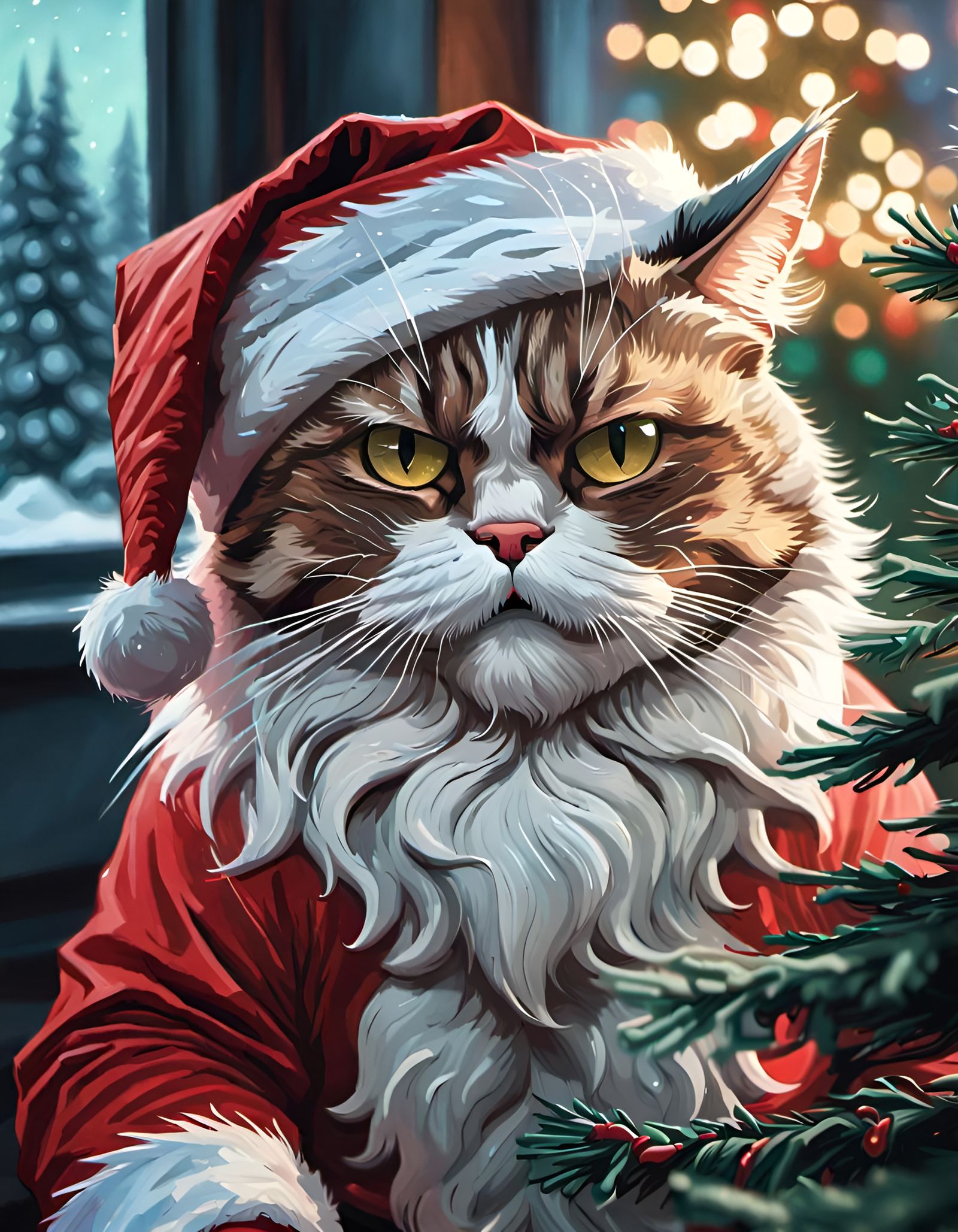 Grumpy Santa Cat Portrait in Hyperdetailed Digital Art