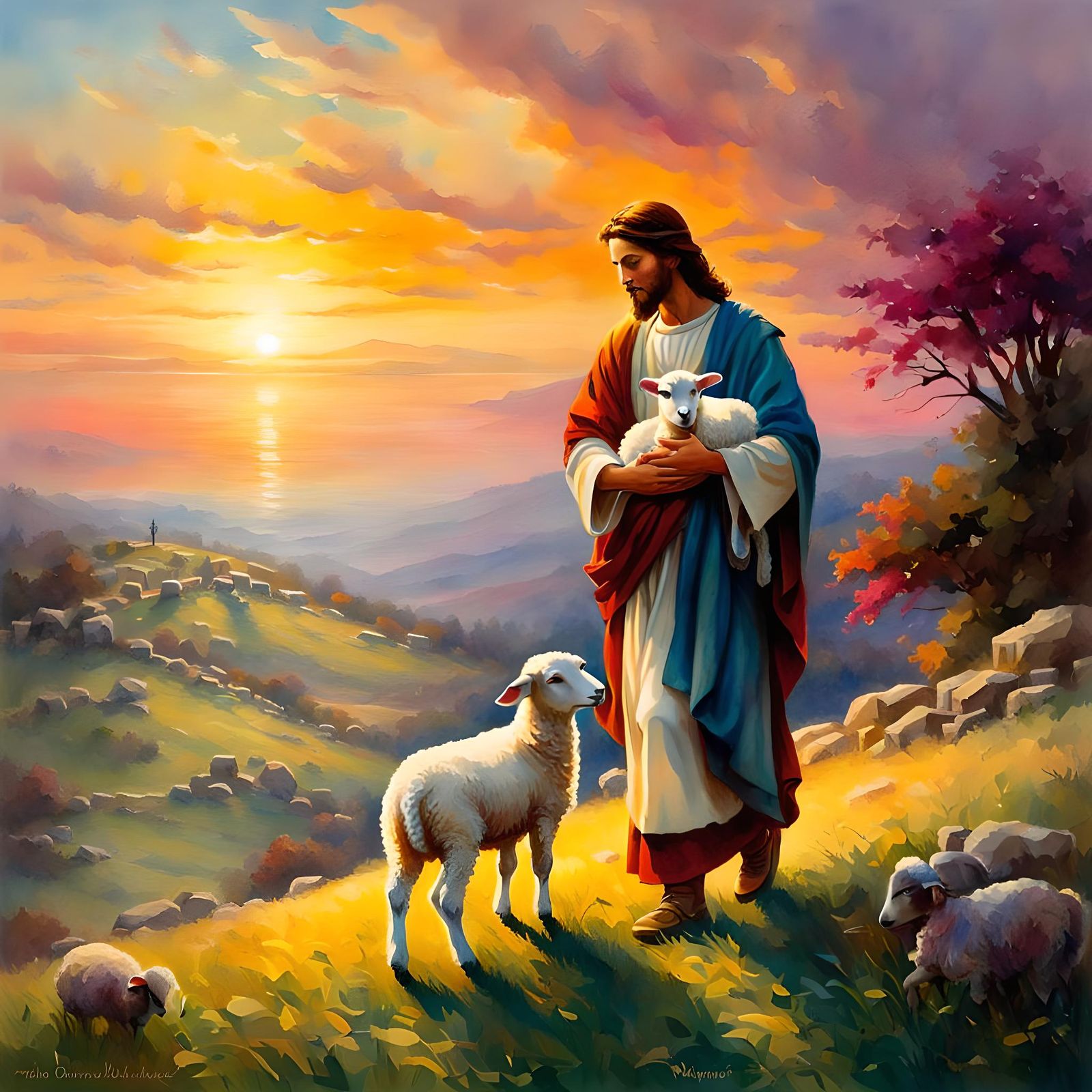 Jesus and Lamb in Watercolor Sunset Illustration