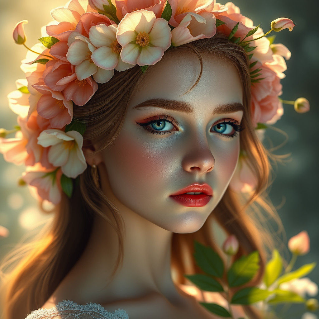 Ethereal Flower Girl Portrait in Hyper-Realistic Style
