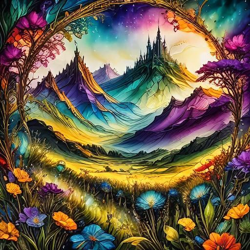 Sunrise Wildflower Meadow in Fantasy Ink Style