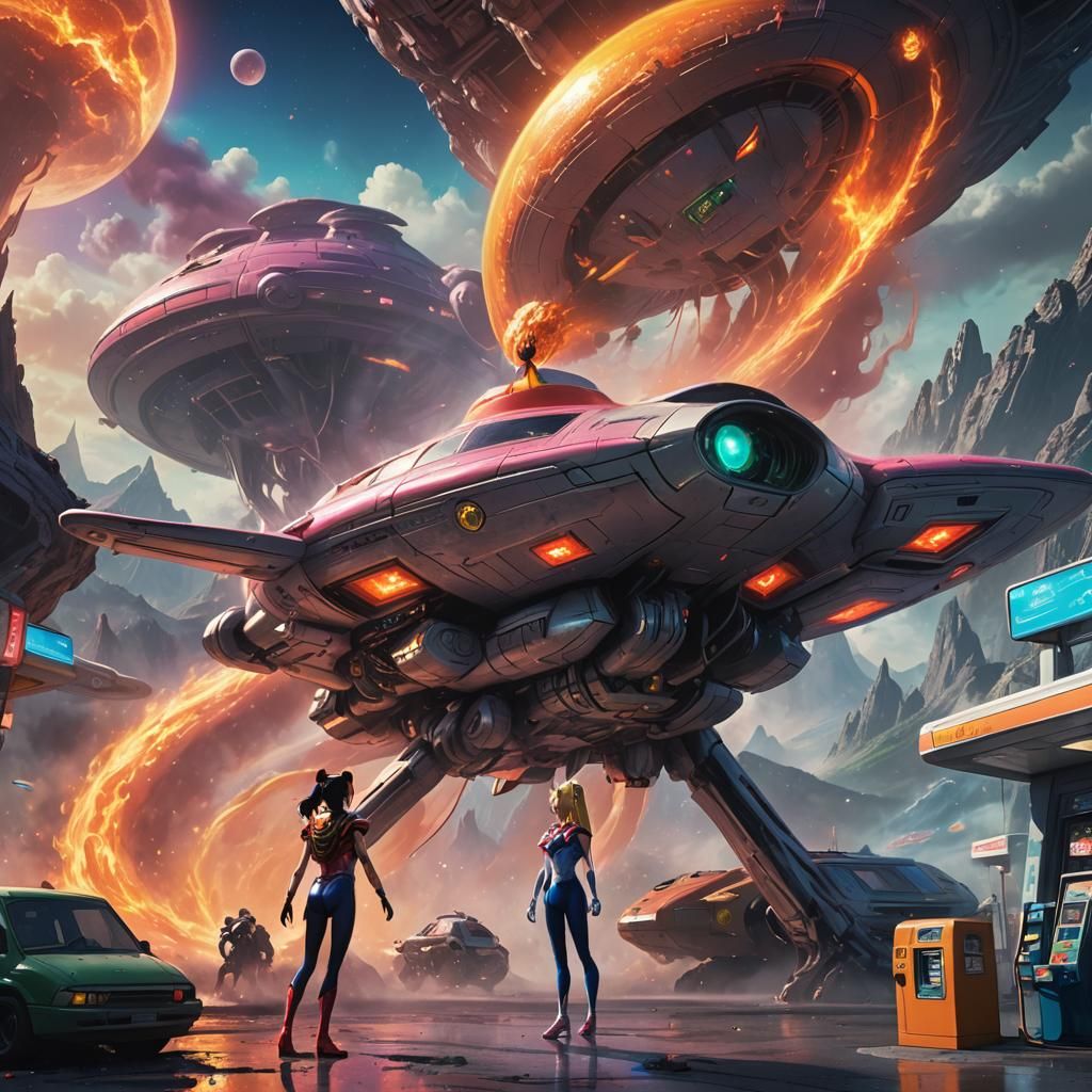 Sailor Moon at Alien Gas Station: Digital Art