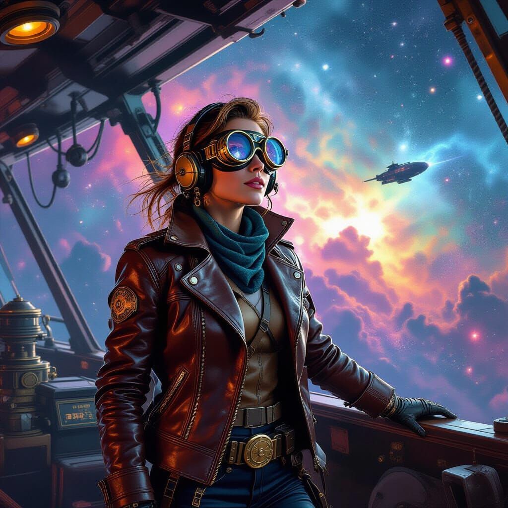 Aetherpunk Explorer on Airship Navigating Nebula