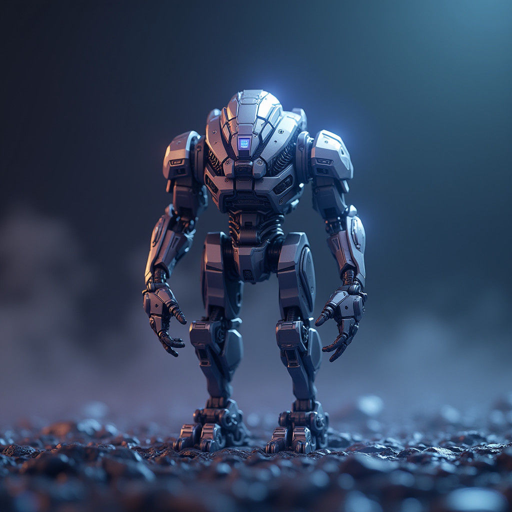 Sleek Metallic Mech Rises in a Sci-Fi Landscape