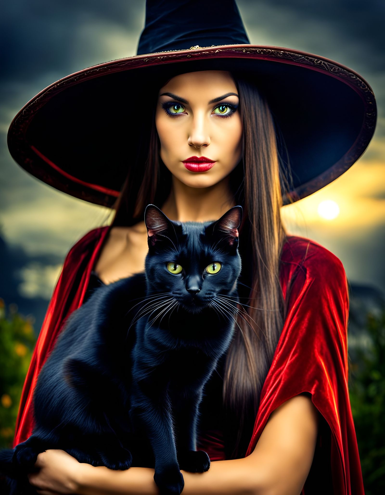 Beautiful Witch and Black Cat in HDR
