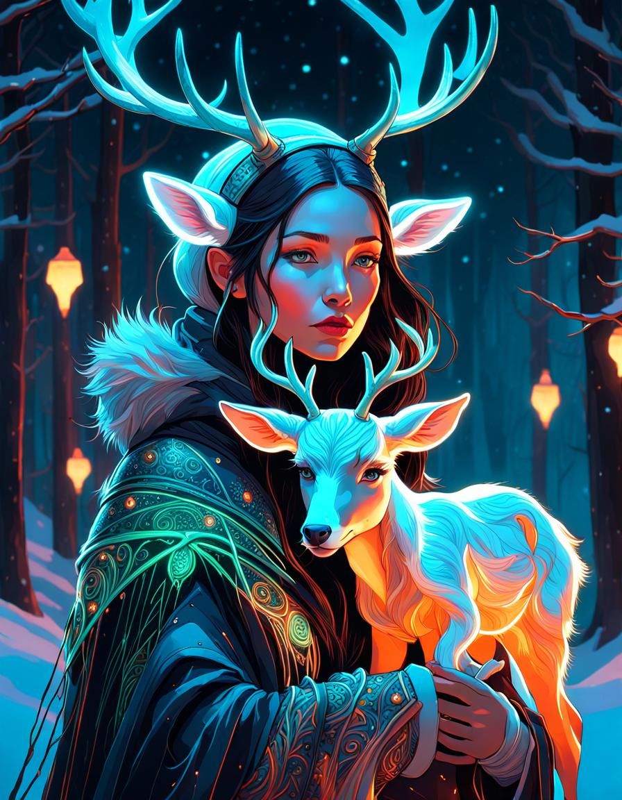Neon Winter Witch Portrait with Baby Reindeer