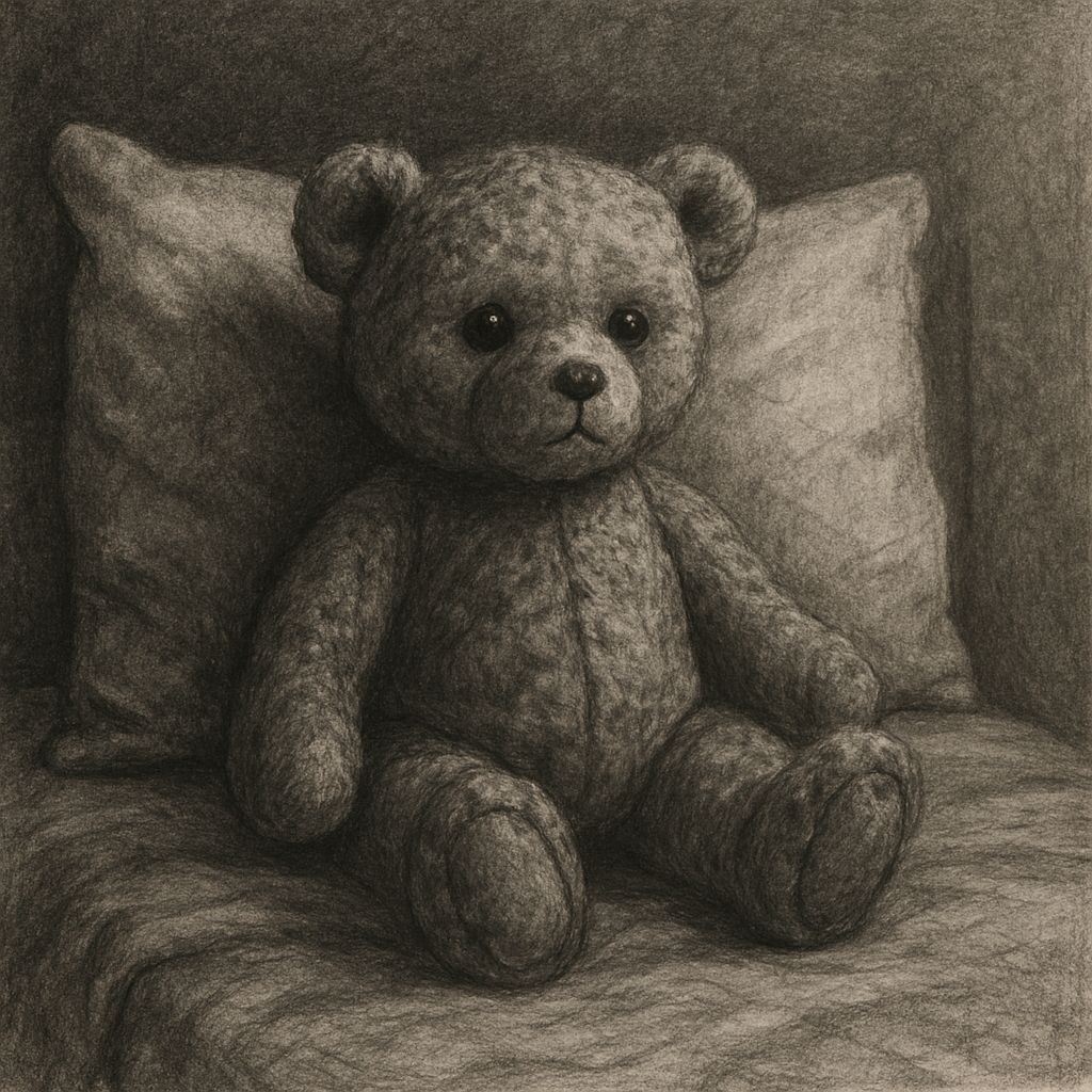 A teddy bear sitting in bed. graphite, straw, inky, clear, pure, precise, great structure, weighty palate, brilliant aci...