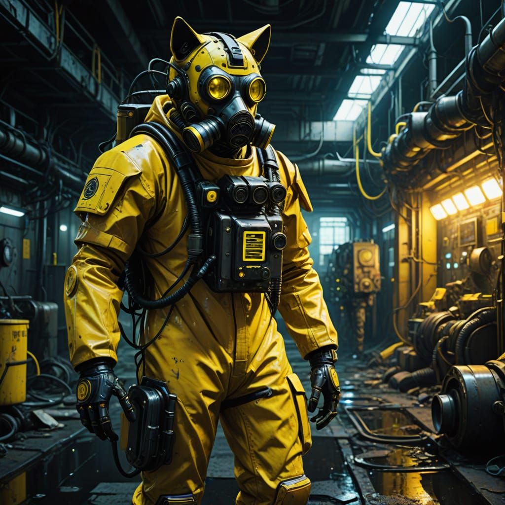 Cyberpunk Robot Cat Cleans Toxic Waste in Hazmat Suit