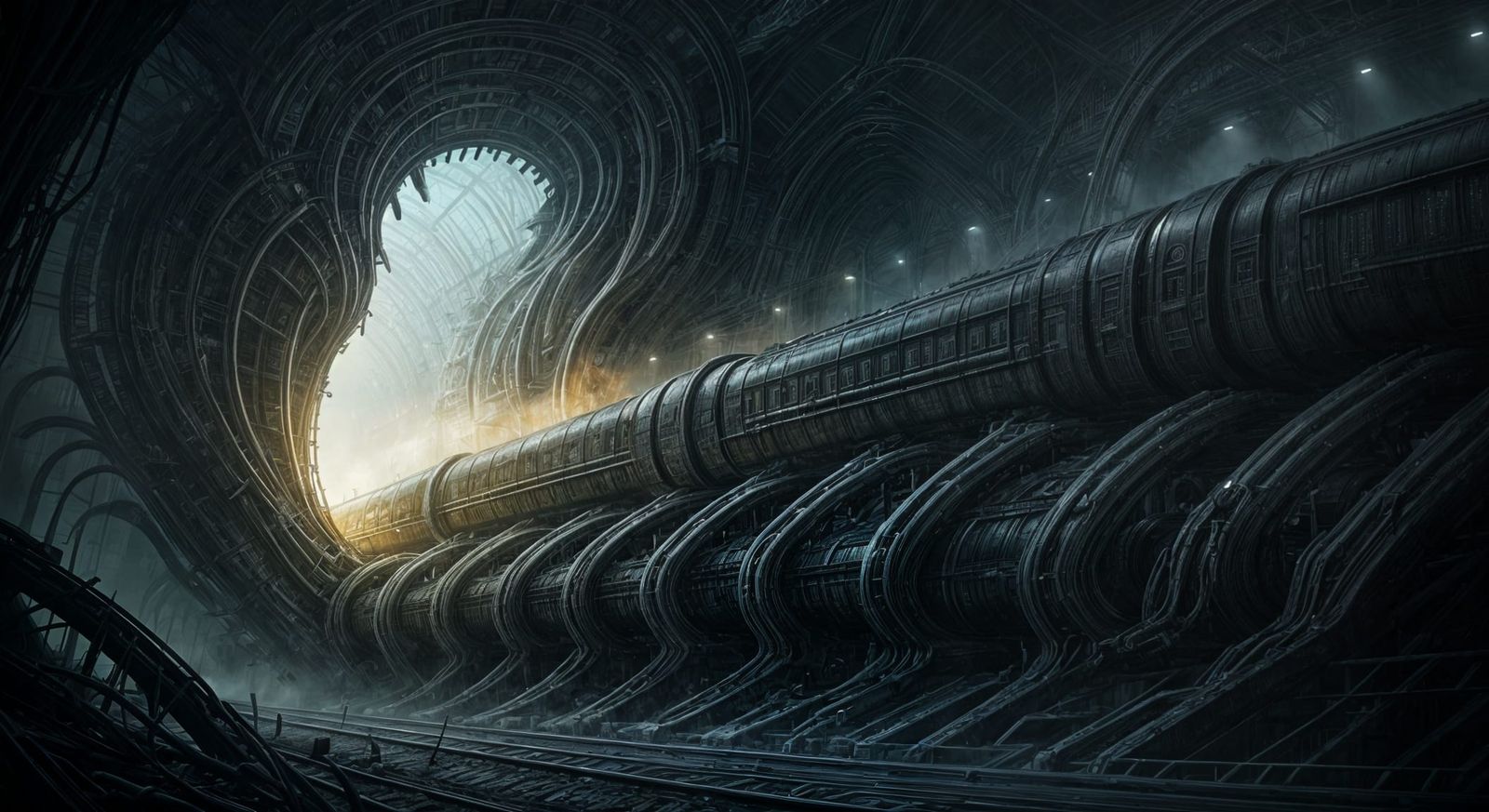 Biomorphic Train Enters Futuristic Alien Station in Dark Sur...