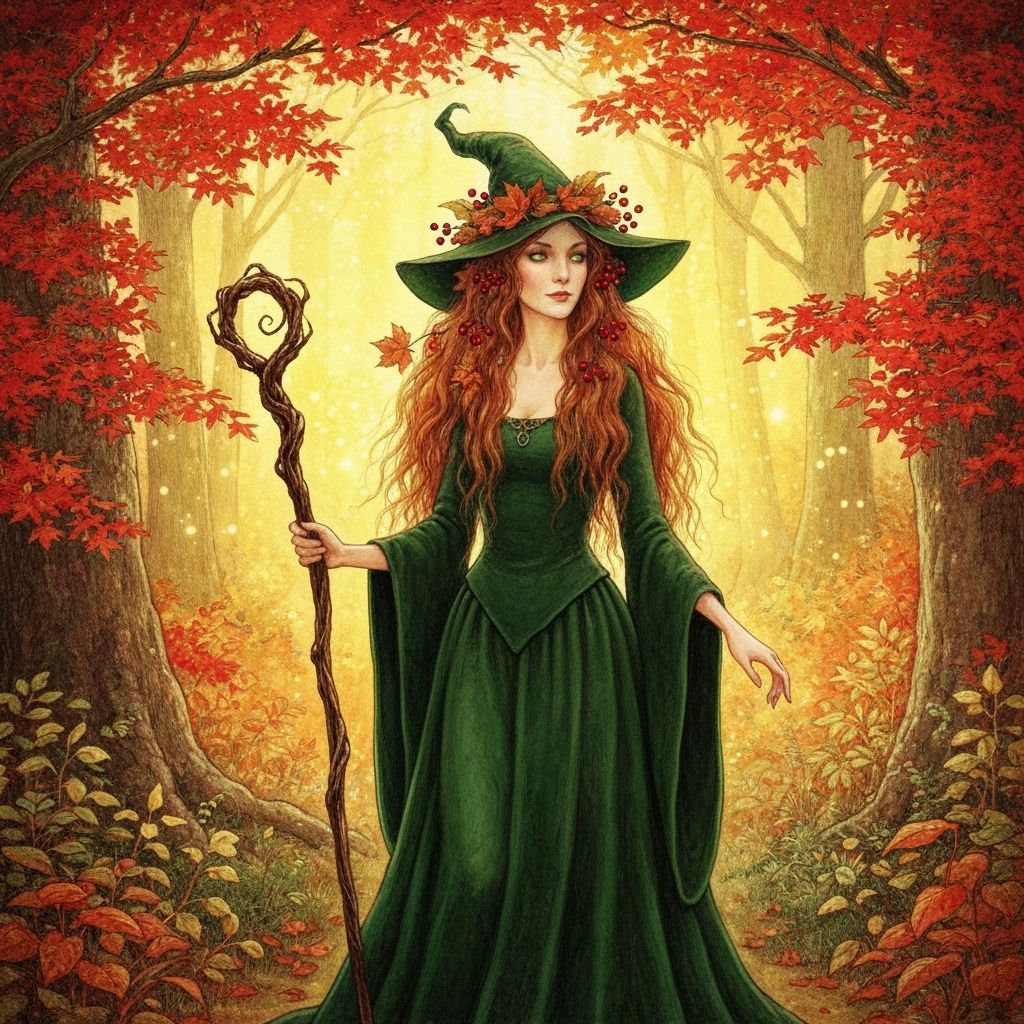 Enchanted Autumn Witch in Forest Fantasy Illustration