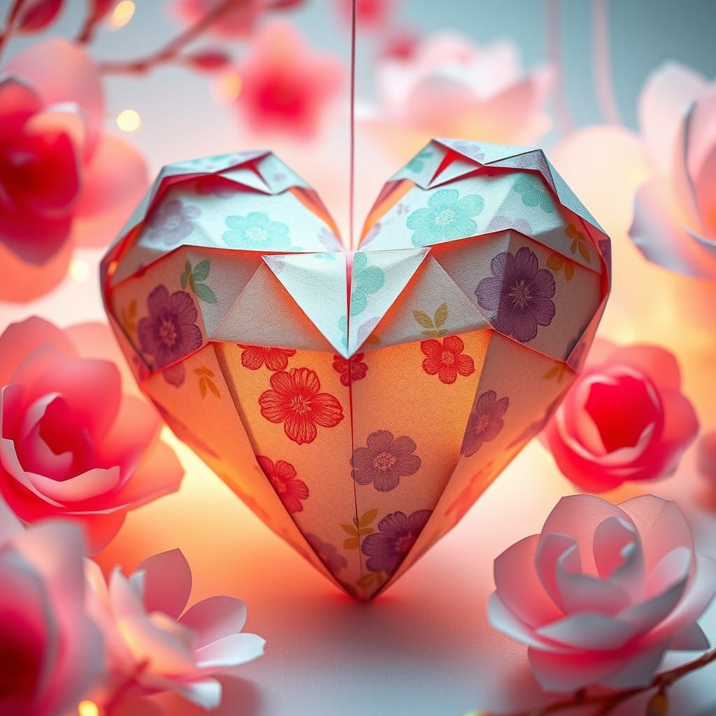 Origami Heart Surrounded by Whimsical Paper Blooms in Japane...