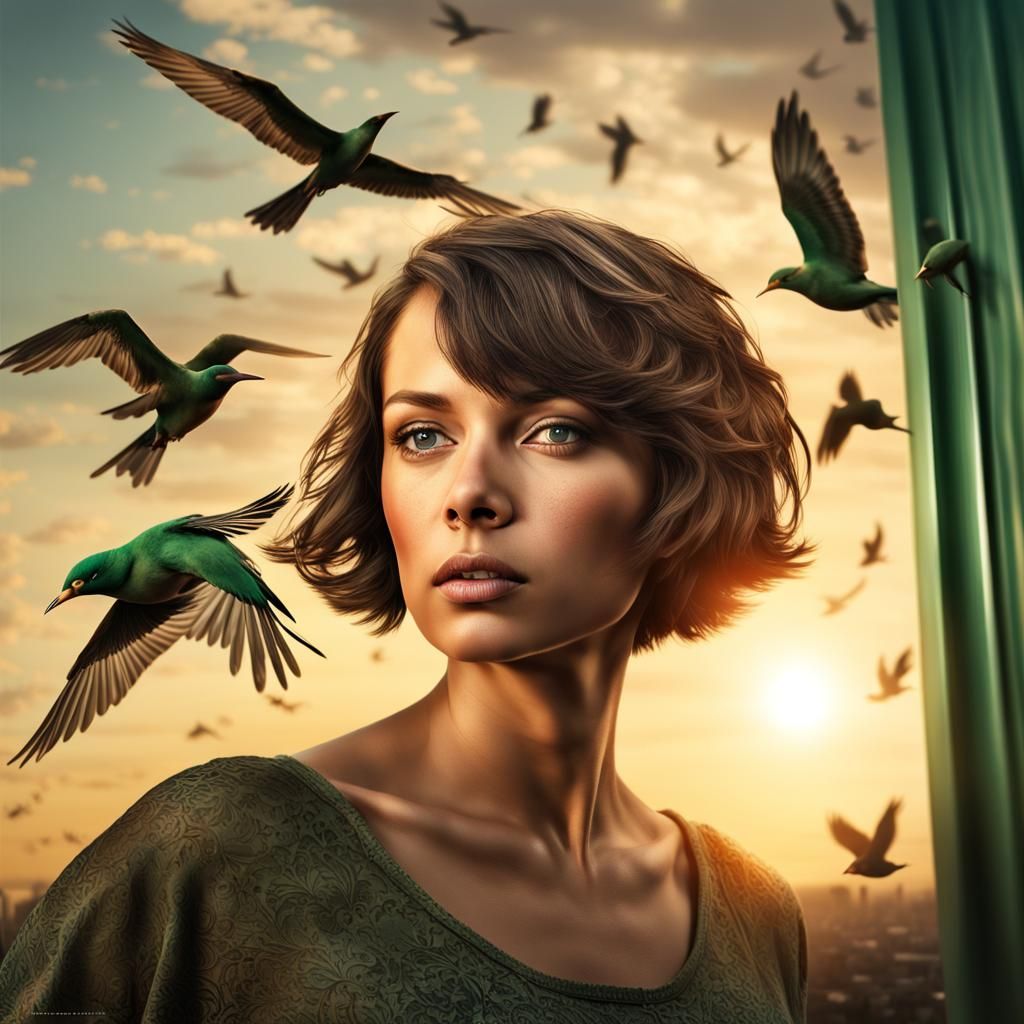 Hyperrealistic Woman Descends from Billboard at Sunset