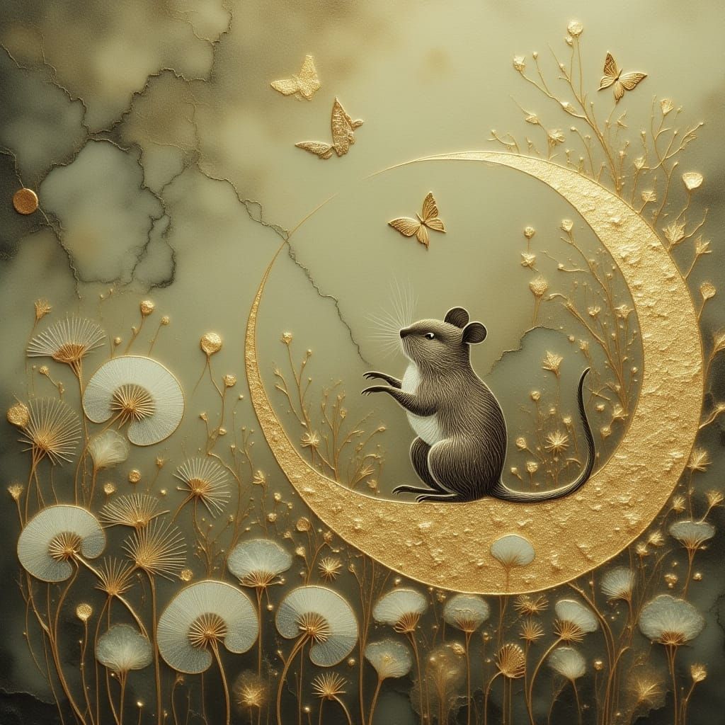 Mouse in Dandelion Field: Cloisonné Style