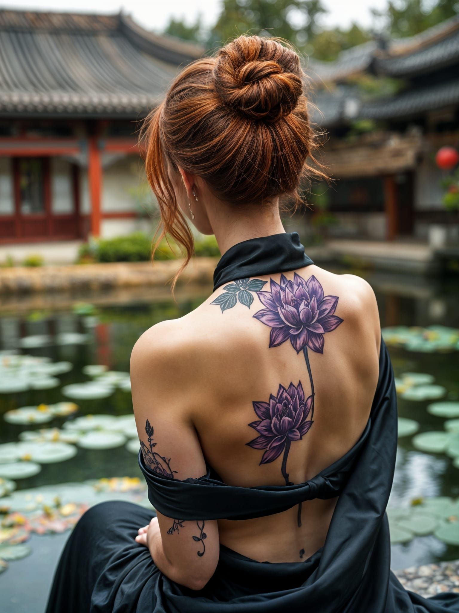 Elegant Woman in Chinese Garden with Vibrant Lotus Tattoo