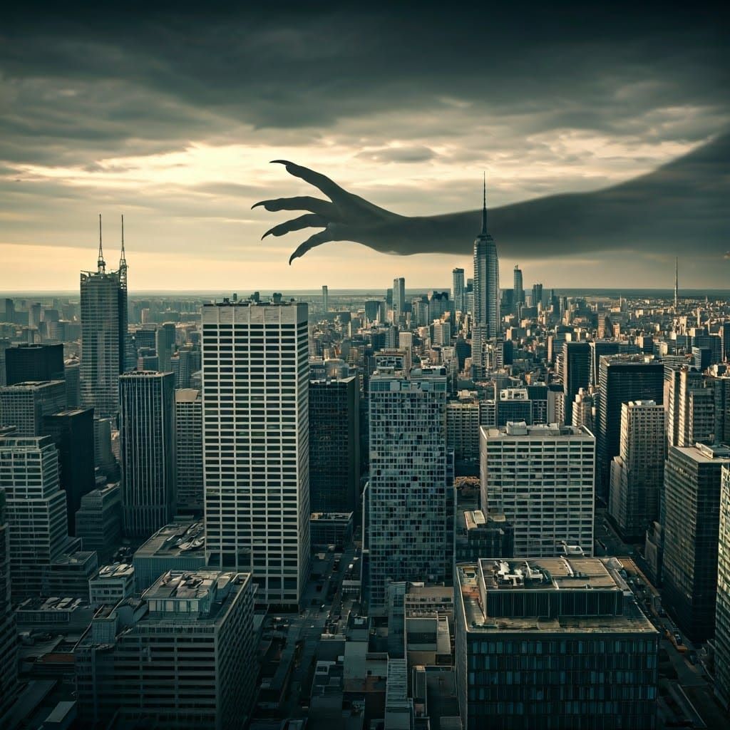 Cityscape Shadows Cast by a Giant Hand in a Dark, Moody Pale...