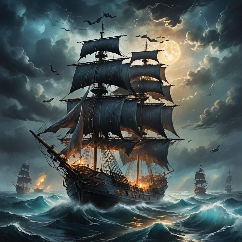 Ghost Pirate Ship Sails Stormy Ethereal Sea