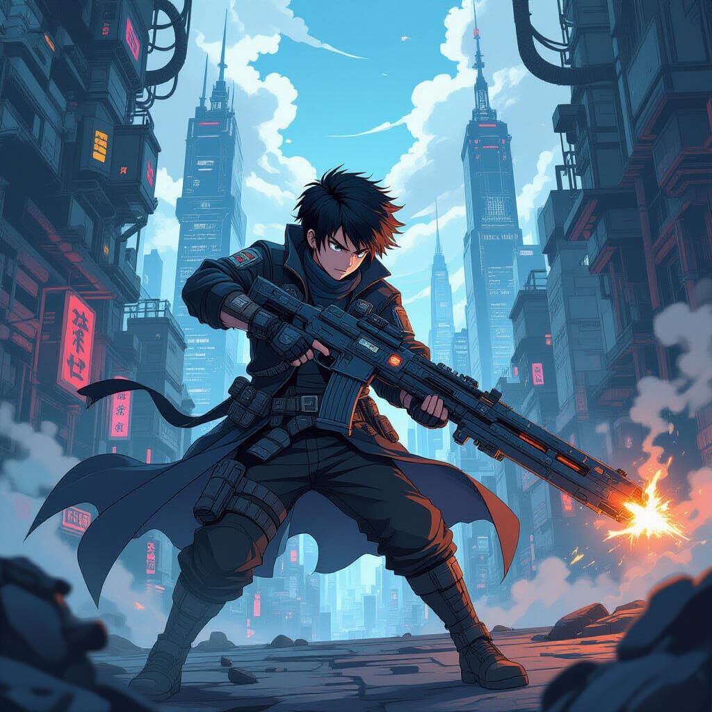Anime Fighter in Steampunk Techno-City