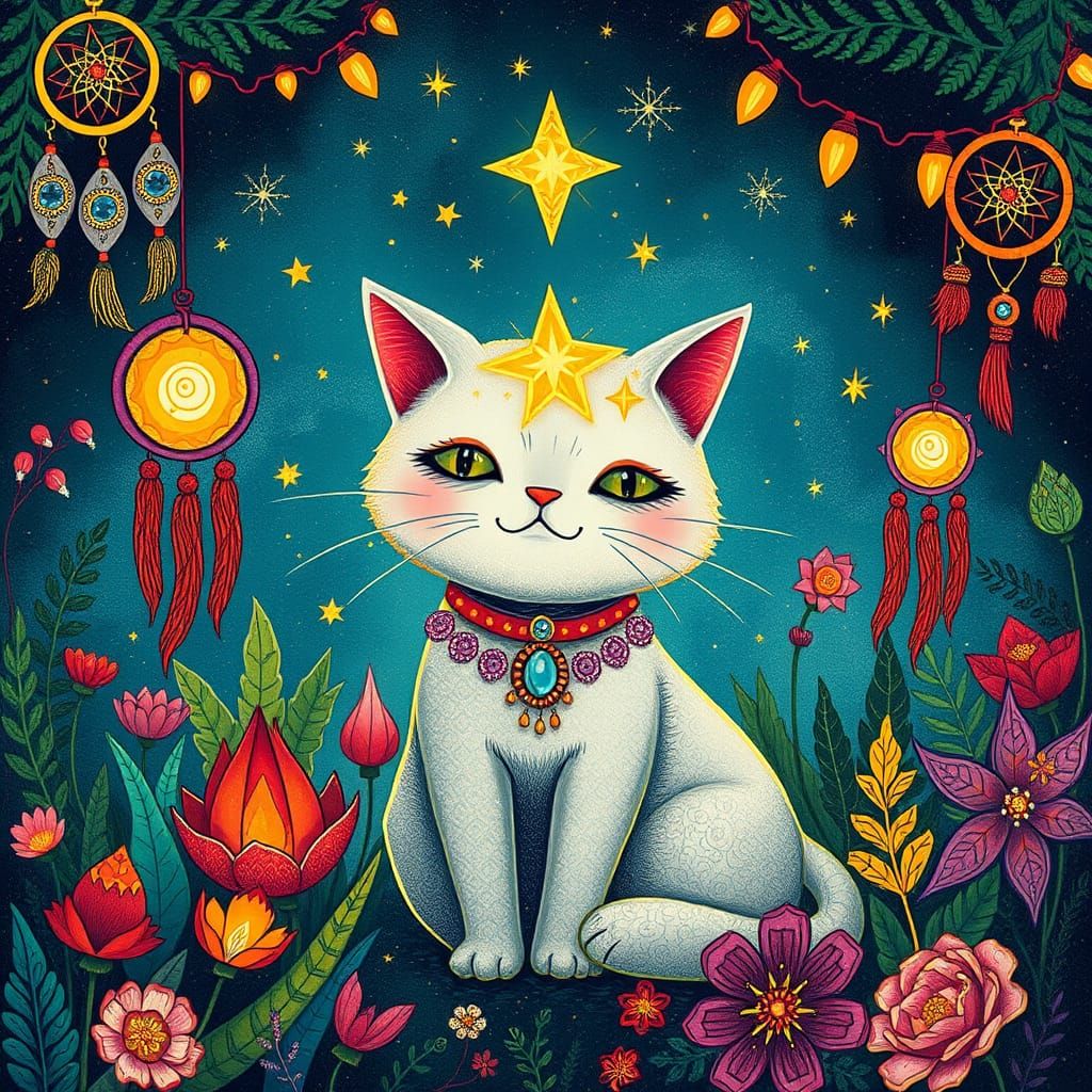 Whimsical Star Cat in Bohemian Garden