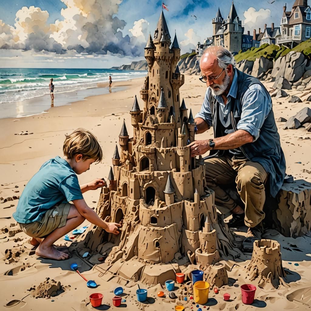 Father and Child Building Sandcastle: Mixed Media Art