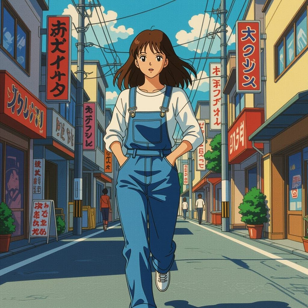 Anime Woman Running in Tokyo Street, 1980s Style