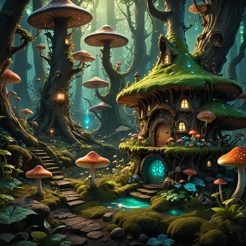 Enchanted Bioluminescent Forest Home to Fairy Mushroom House