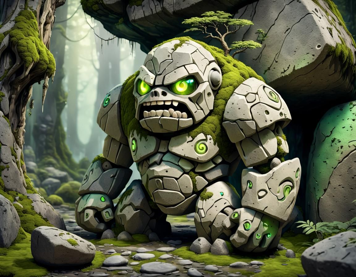 Cute Rock Golem with Tree and Runes