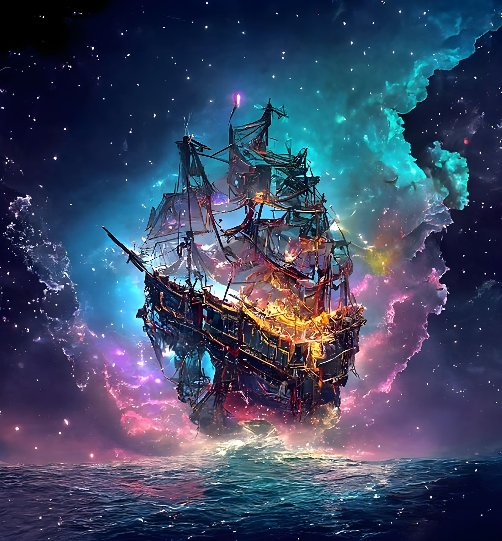 Mystical Pirate Ship on Galaxy Sea: Digital Art