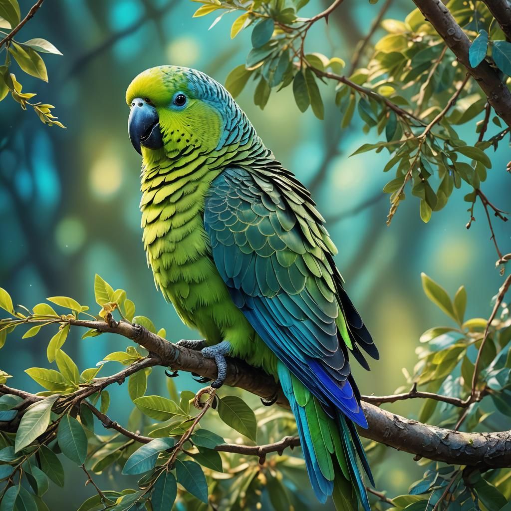 Green Parakeet in Lush Tree: Glossy Digital Art
