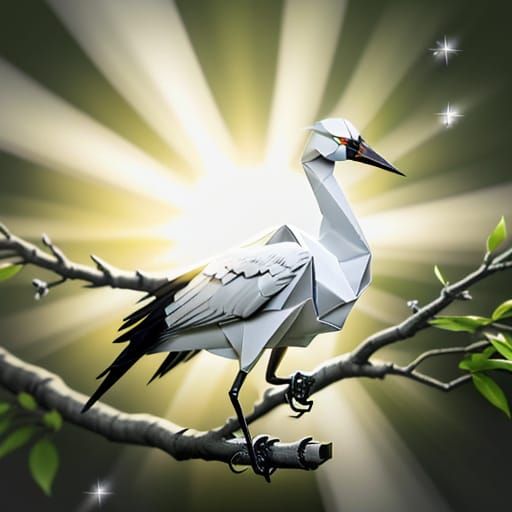 Chrome Origami Crane Perched on Digital Tree Branch