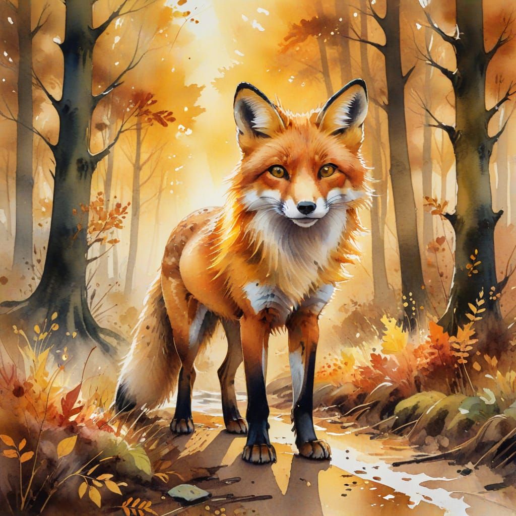 Radiant Fox on Amber Trail: Watercolour Autumn Forest