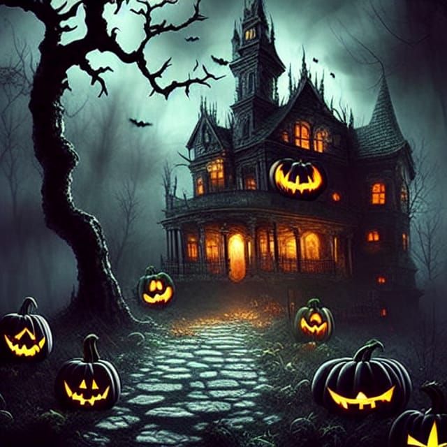 Creepy Halloween Landscape with Ghosts as Digital Painting