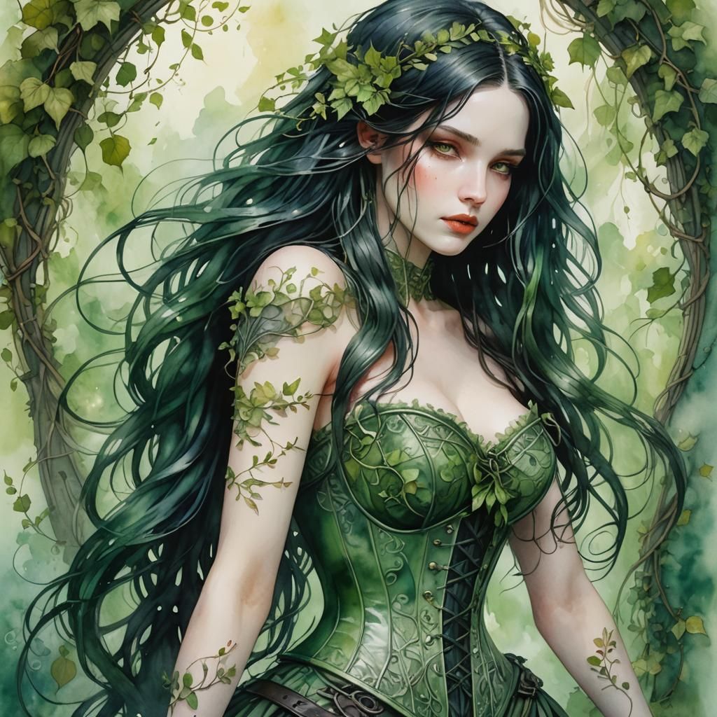 Ethereal Woman in Green Corset: 3D Anime Art