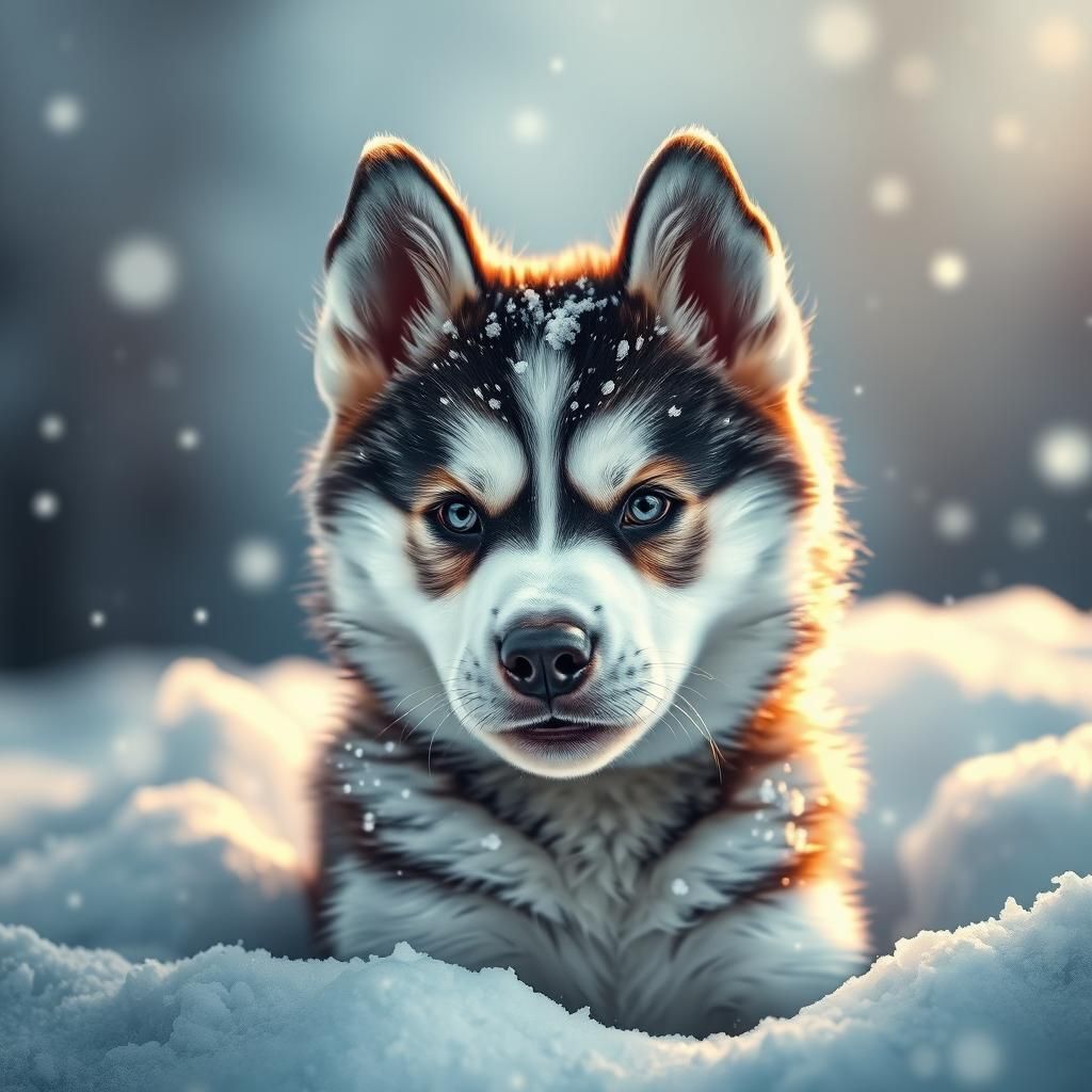 Hyperrealistic Husky Puppy in Snow