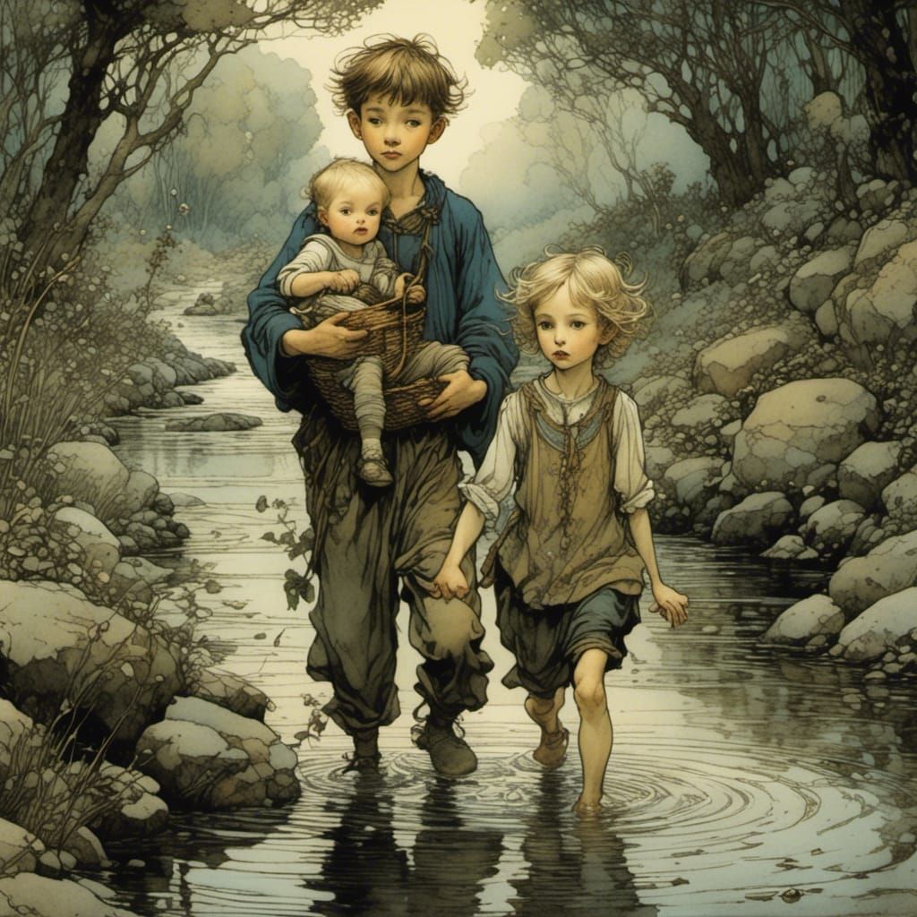 Brother and Sister Crossing Stream in Storybook Style