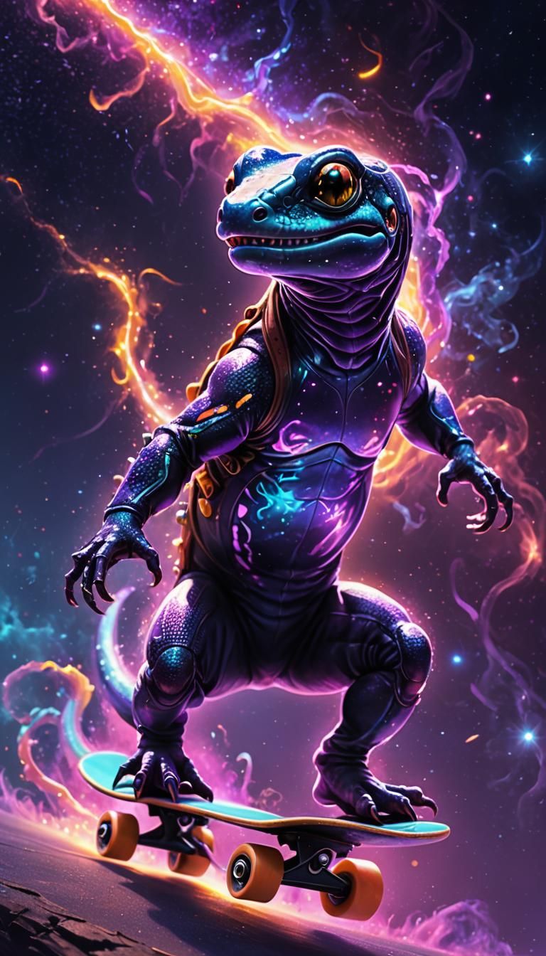 Neon Salamander Rides Skateboard Through Galaxy