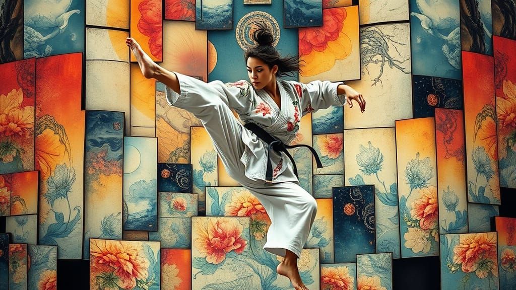 Female Karateka's Flying Kick in Surreal Style
