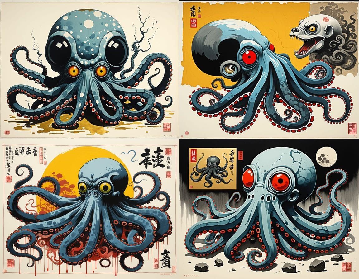 Sumi-e Horror: Yakuza Octopus Buzzard with Exposed Organs