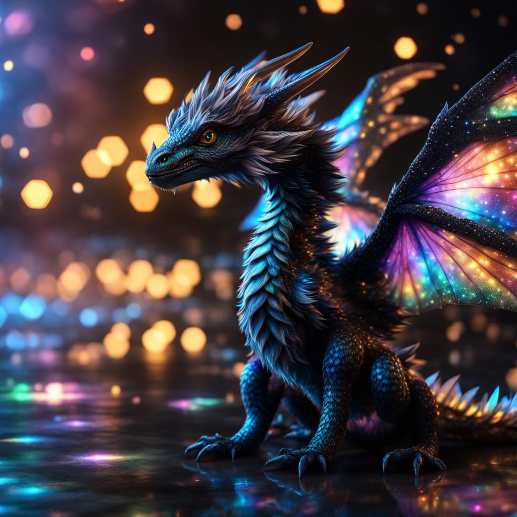 Holographic Baby Dragon with Prismatic Fur in CGI