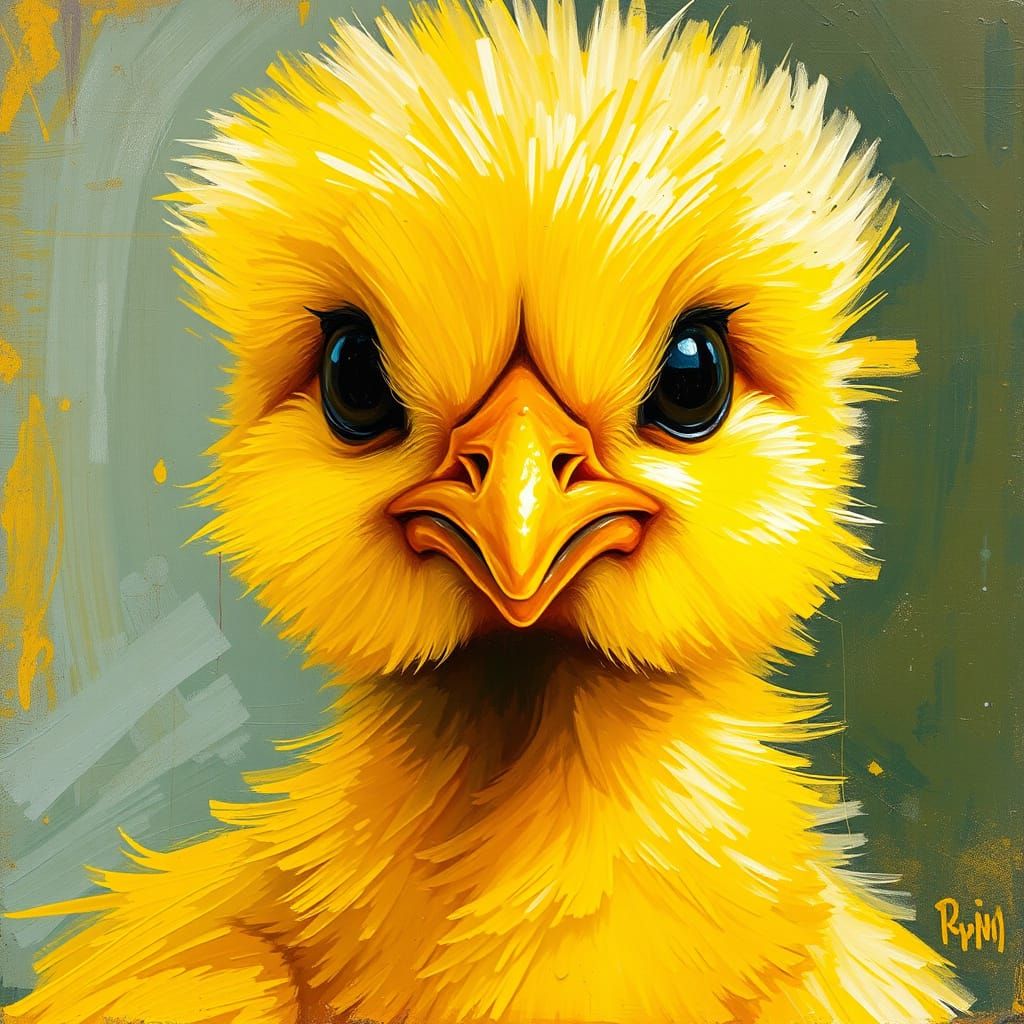Vibrant Yellow Baby Chicken in Thick Impasto Paint with Visi...