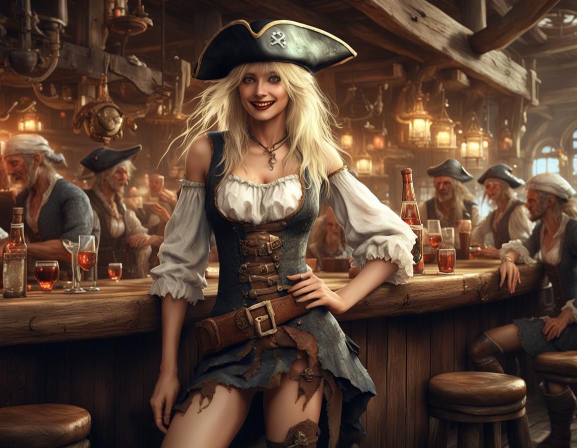 Drunk Pirate Girl in Tavern: Digital Art