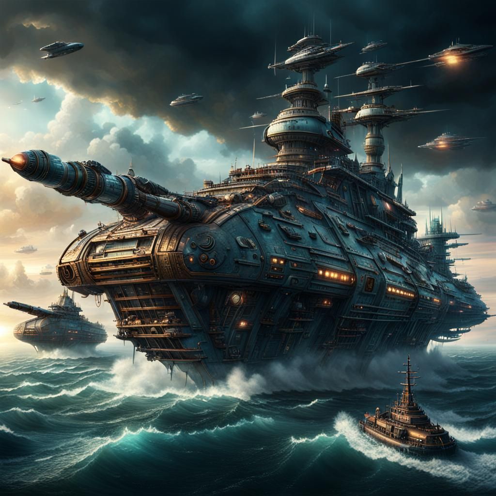 Steampunk Futuristic War Flotilla: Epic Digital Painting