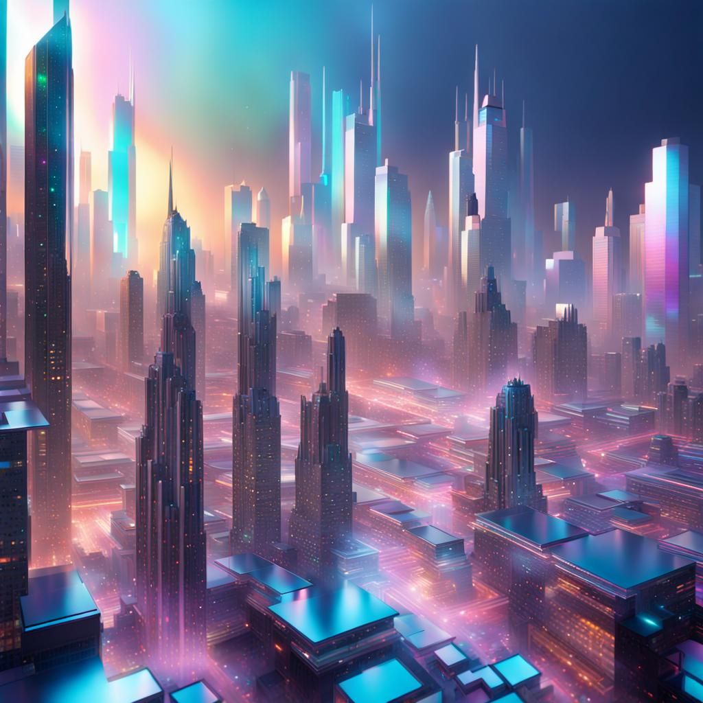 Holographic Futuristic Cityscape in Iridescent Colors