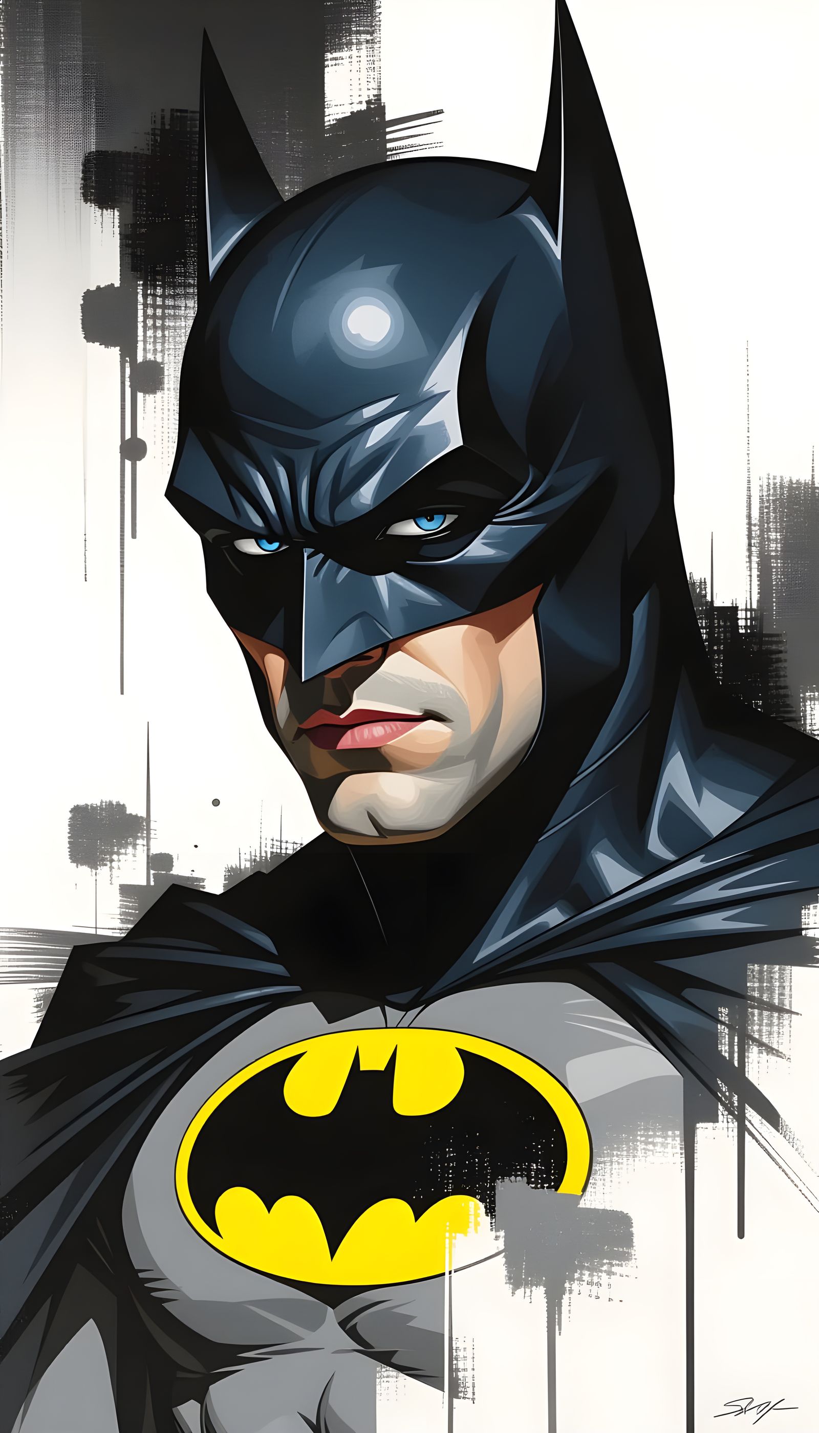 Expressionist Batman Portrait with Piercing Blue Eyes