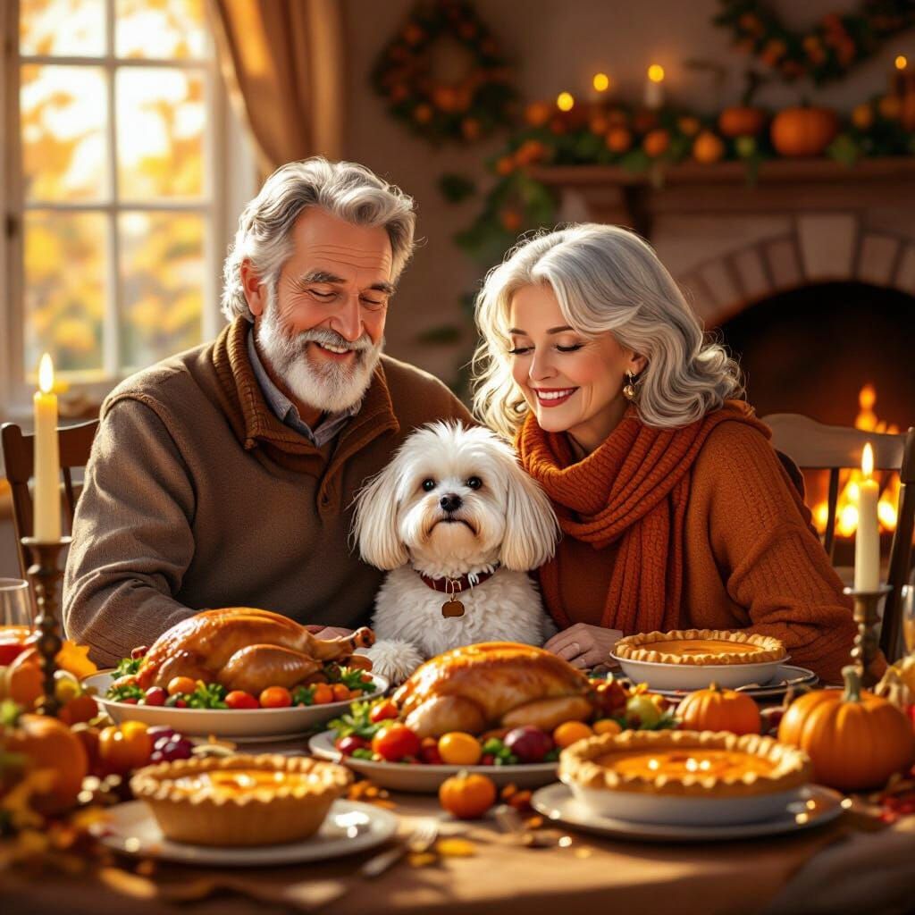 Whimsical Thanksgiving Family Dinner with Dog in Golden Hour