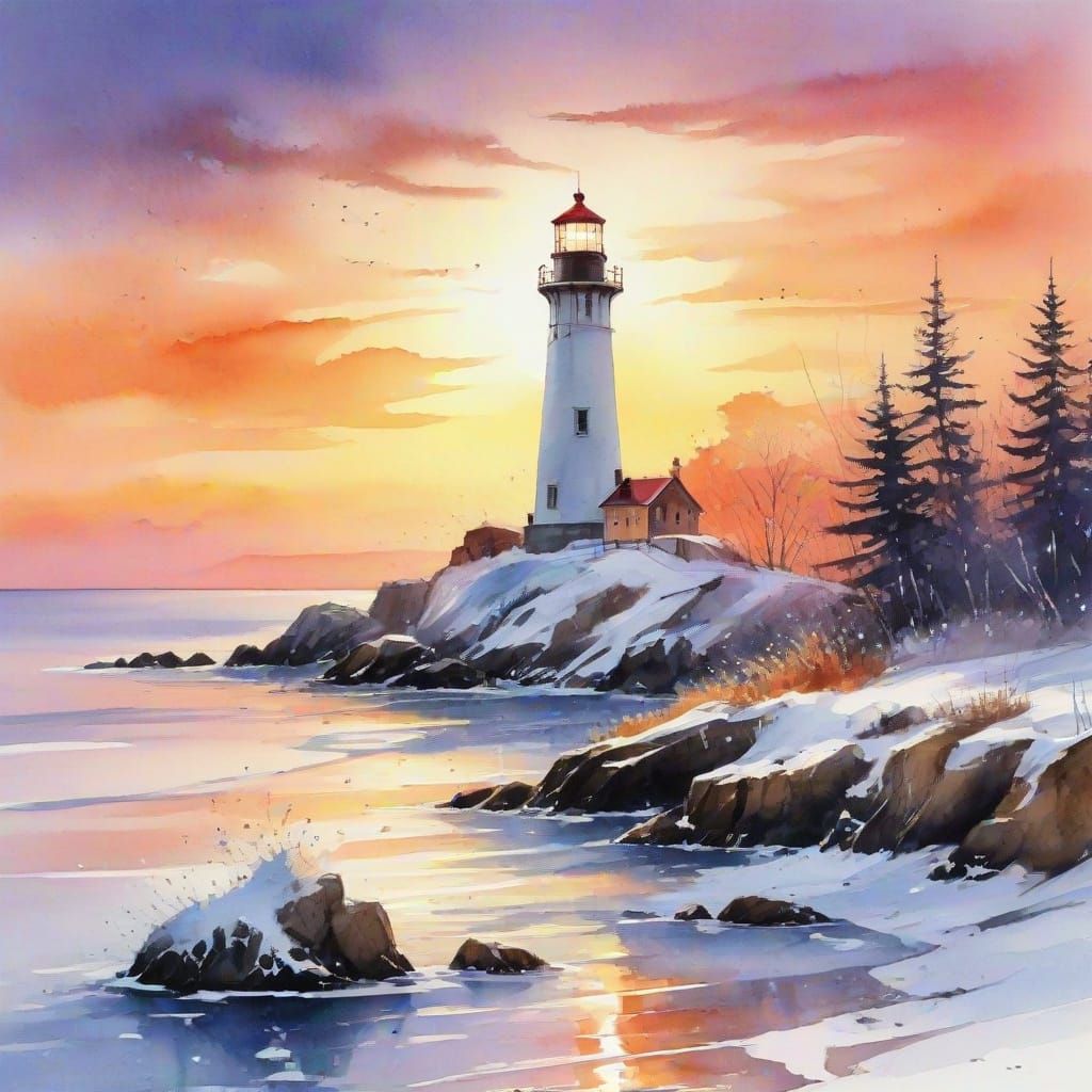 Vibrant Whimsical Winterscape Lighthouse Sunset in Watercolo...