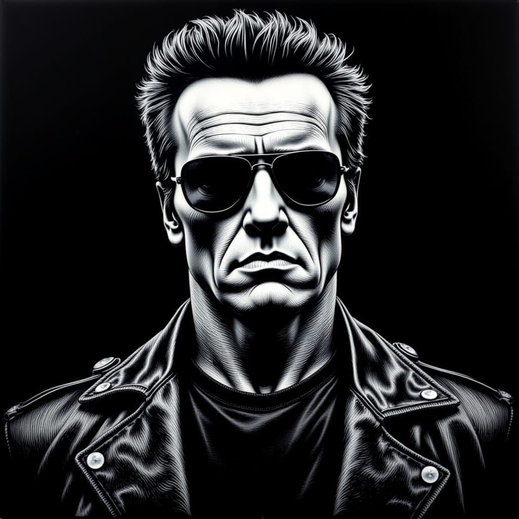 The Terminator in Intricate Scratchboard Art