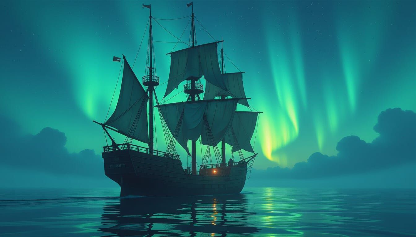 Ghost Ship Sailing Under Aurora Borealis