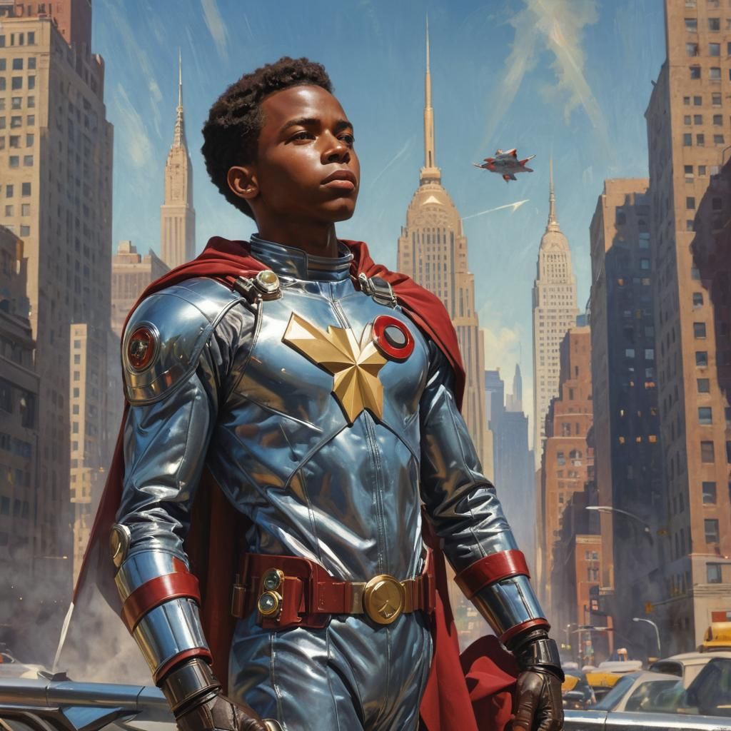 Retro-Futuristic Superhero in Chrome Cityscape
