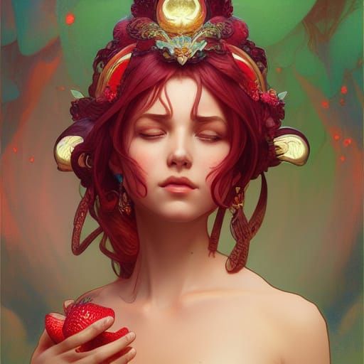 Strawberry Goddess Portrait in Art Nouveau Style