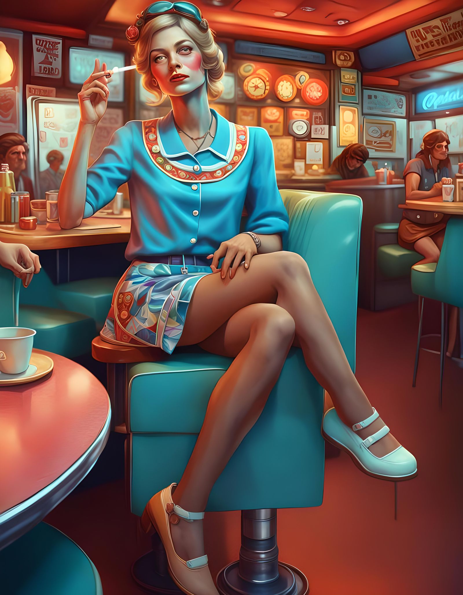 1960s Diner Waitress Portrait in Digital Art Style